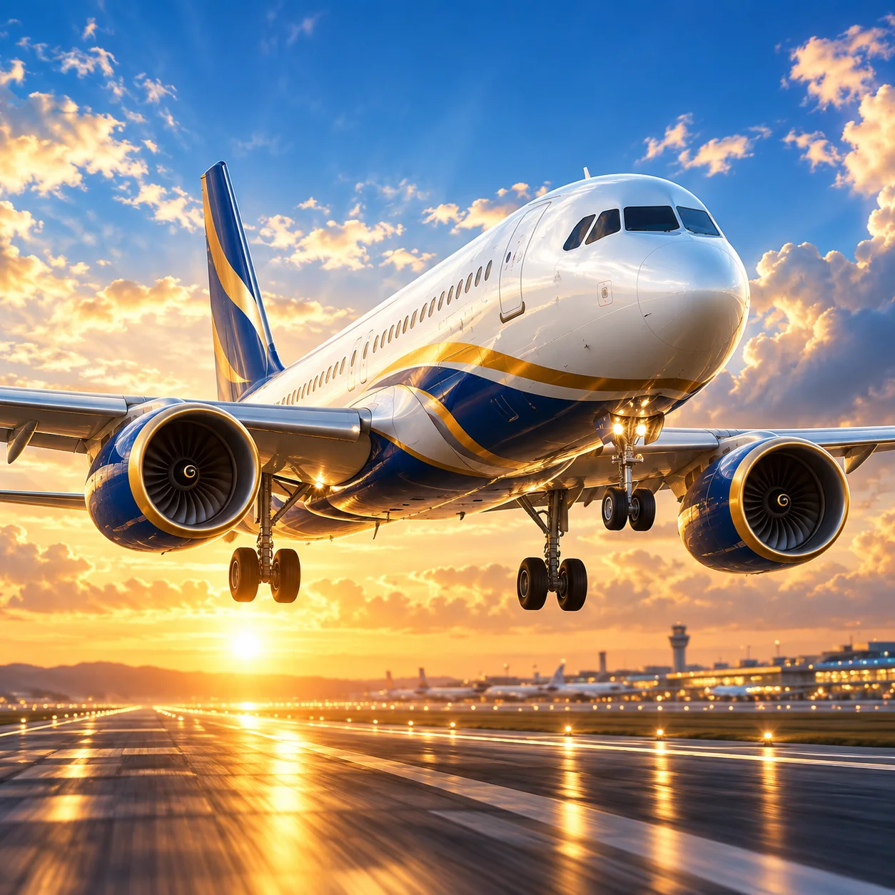 Passenger airplane flying over an airport at sunrise