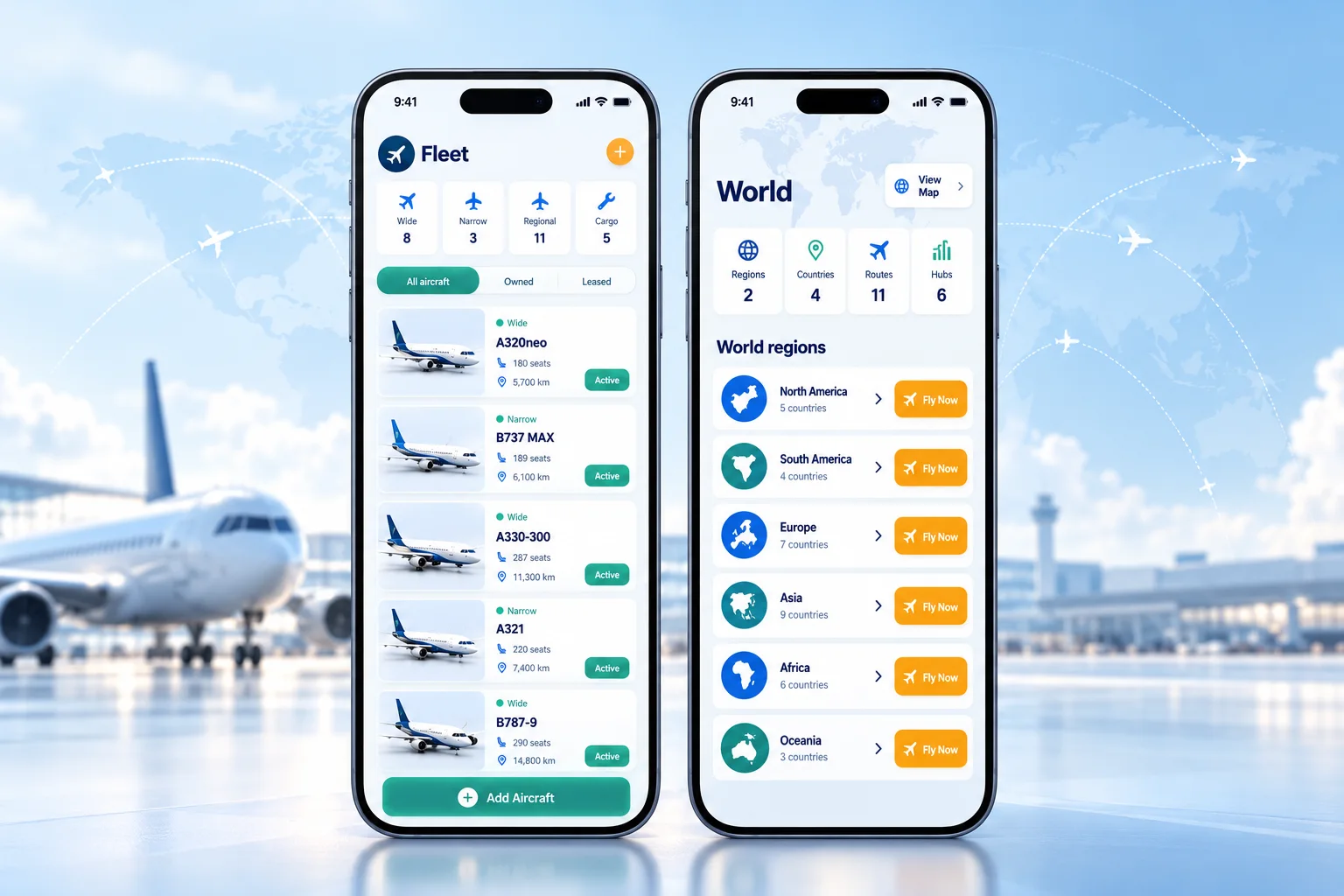 Airplane Fleet Manager fleet and world regions screens shown on two phones