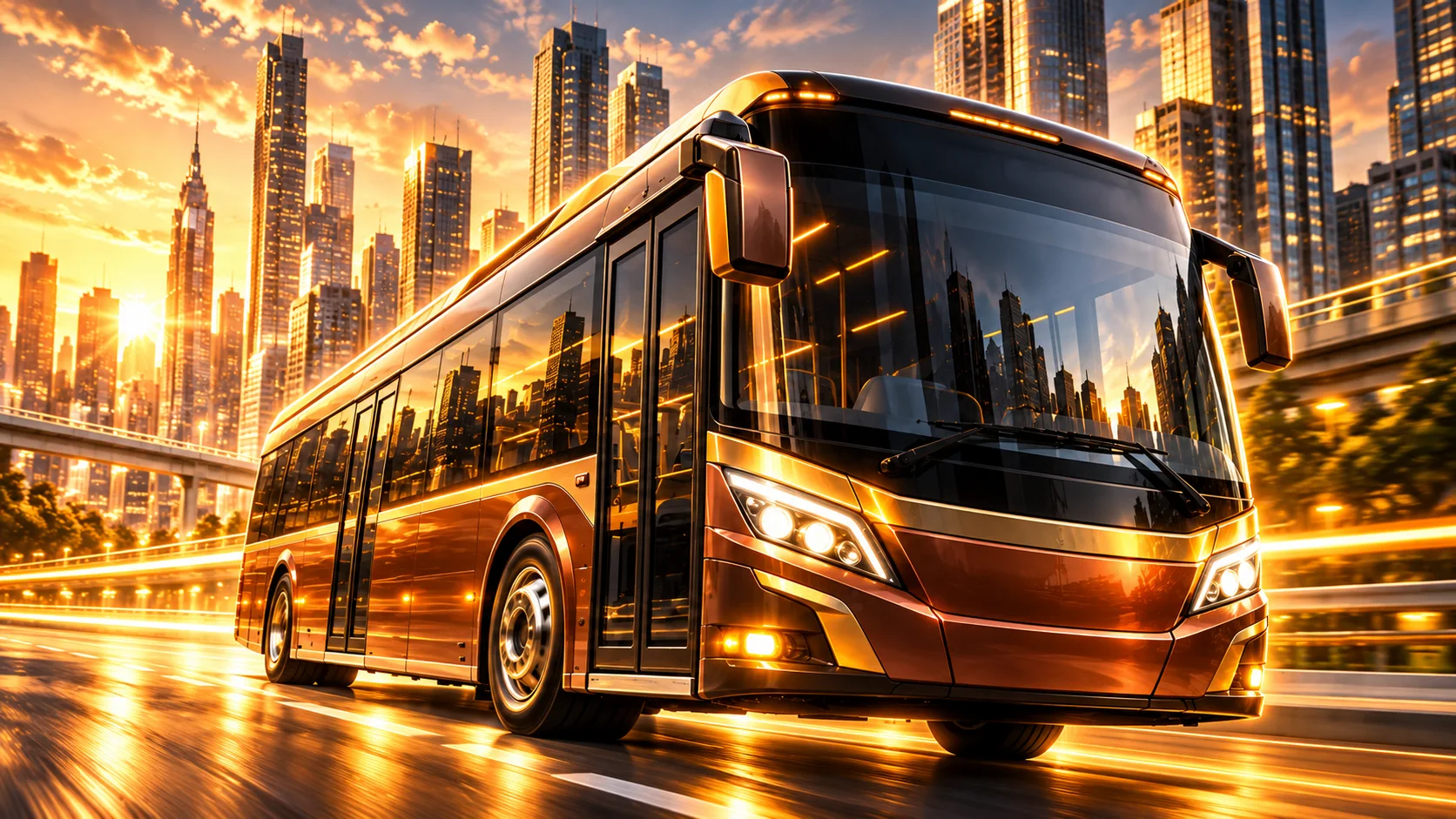 Amber city bus driving through a glowing skyline at sunset