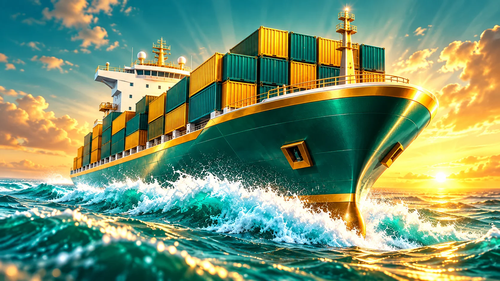 Teal and gold cargo ship cutting through ocean waves