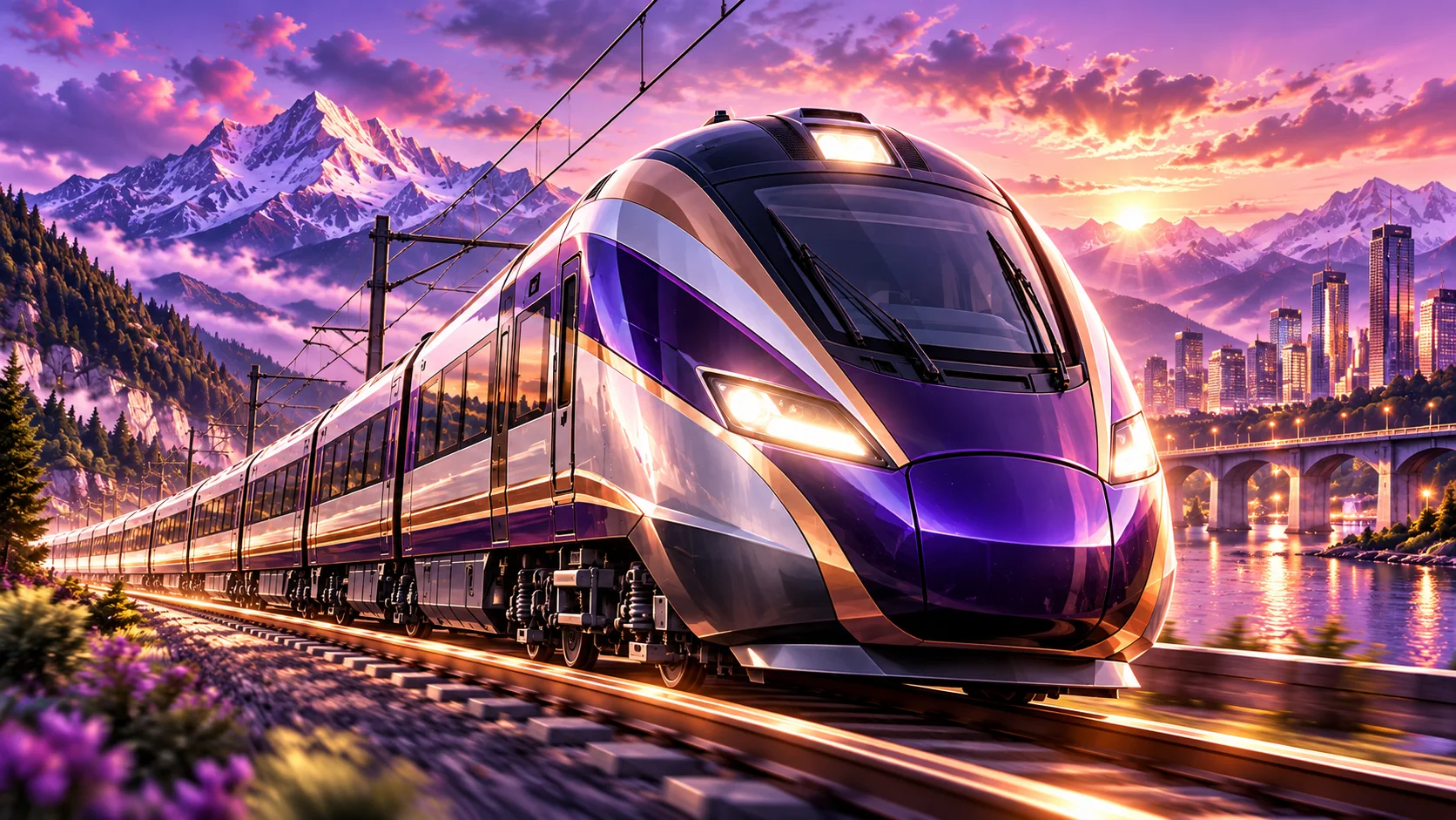Silver and violet passenger train crossing a city at twilight